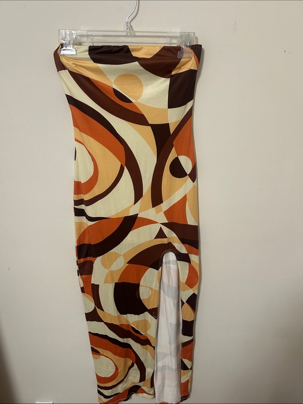 Fashion Nova Retro Swirl Tube Dress in Brown, Orange, Cream